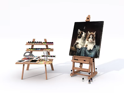 Art Supplies Easel With Painting Of Two Cats Brushes And Paints Stand 3d model