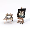 Art Supplies Easel With Painting Of Two Cats Brushes And Paints Stand