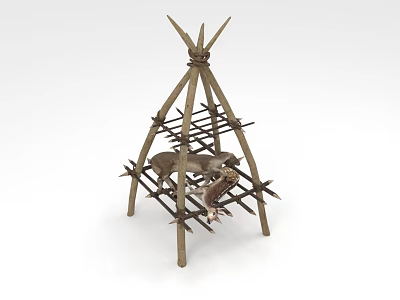 Stone Wood Structure with Pyramid Wooden Frame and Animal Stone Carvings 3d model