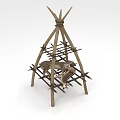 Stone Wood Structure with Pyramid Wooden Frame and Animal Stone Carvings
