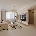 Modern Dining and Living Room Interior With White Sofa Brown Cushions Open Kitchen Checkered Rug