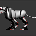 Metallic Black Robot Dog with Red Accents on Leg Joints Mouth and Dynamic Pose