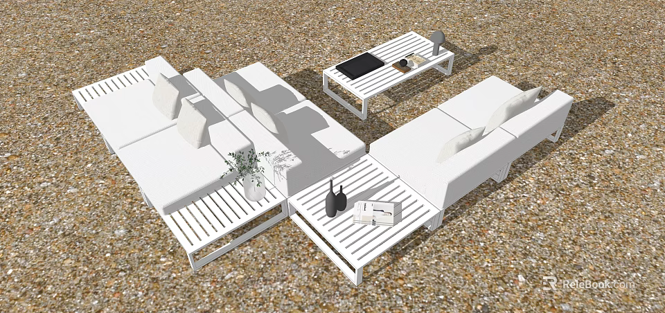 Stylish White Outdoor Sofa With Wooden Frame And Coffee Table On Sandy Ground 3d model 