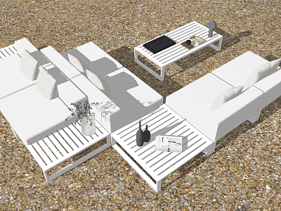 Stylish White Outdoor Sofa With Wooden Frame And Coffee Table On Sandy Ground 3d model