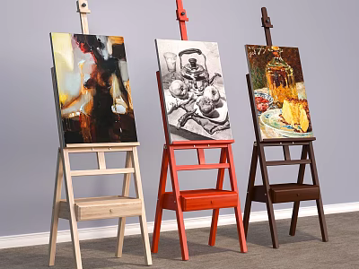 Colorful Art Supplies Display With Three Easels And Still Life Paintings On Canvases 3d model