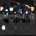 Interior Space With Hanging Planet Models Statues Of Characters Colorful Lights And Display Cabinets