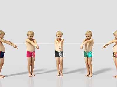 Men In Various Colored Swim Trunks Stretching Arms In Synchronized Standing Position 3d model