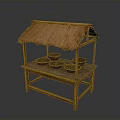 Rustic Food Selling Stand with Thatched Roof and Wooden Structure Holding Bowls