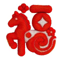 Red Traditional Art Installation With Horse Figure Fortune Symbol And Ornamental Patterns