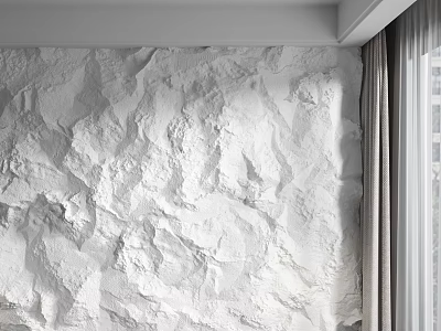 White Rough Textured Background Wall In Indoor Interior With Curtains And Window 3d model
