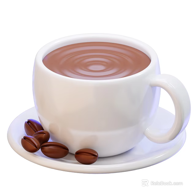 Creamy Hot Brown Beverage Served In White Cup With Coffee Beans On White Saucer 3d model 