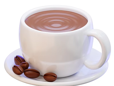 Creamy Hot Brown Beverage Served In White Cup With Coffee Beans On White Saucer 3d model