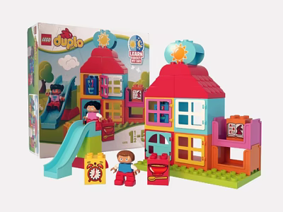Duplo Building Blocks Playset With Red Roof House Slide And Kid Figures 3d model