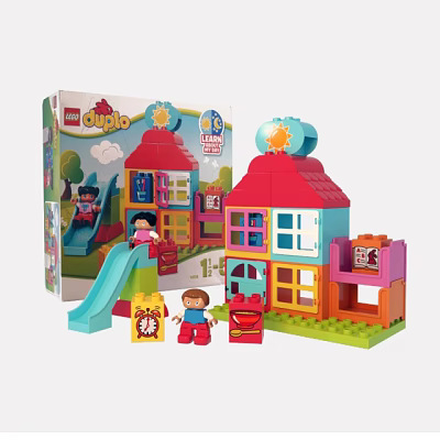 Duplo Building Blocks Playset With Red Roof House Slide And Kid Figures 3d model