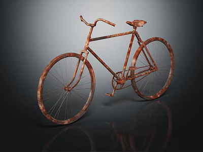 Vintage Rusty Metal Bicycle on Dark Reflective Surface 3d model