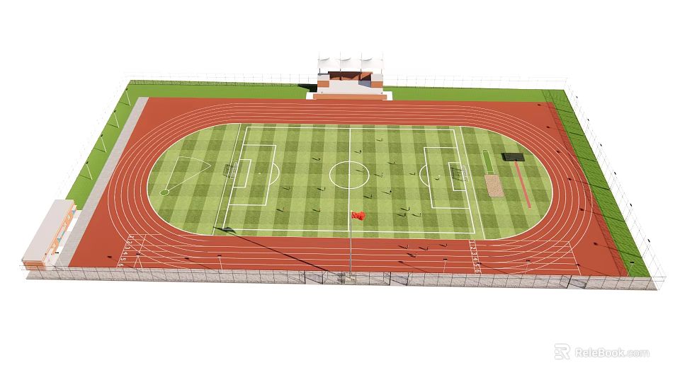 Soccer Field With Red Athletic Track Green Grass And White Line Markings 3d model 