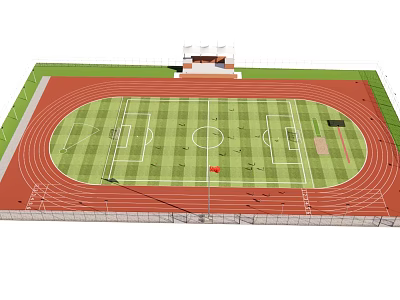Soccer Field With Red Athletic Track Green Grass And White Line Markings 3d model