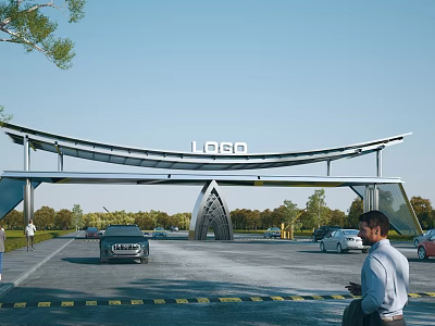 Modern Arched Entrance Gate with LOGO Design and Cars Passing Through Green Trees Nearby 3d model