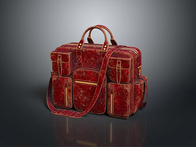 Stylish Red Leather Briefcase with Multiple Pockets Top Handles and Adjustable Shoulder Strap 3d model