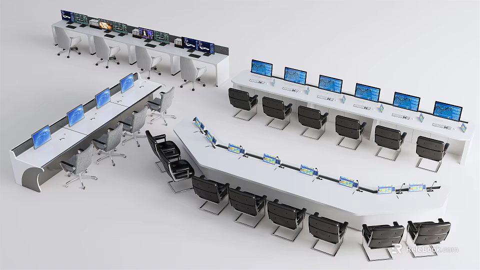 Modern Office Desks With Multiple Computers Monitors Control Panels And Chairs 3d model