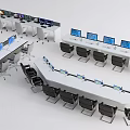 Modern Office Desks With Multiple Computers Monitors Control Panels And Chairs 3d model
