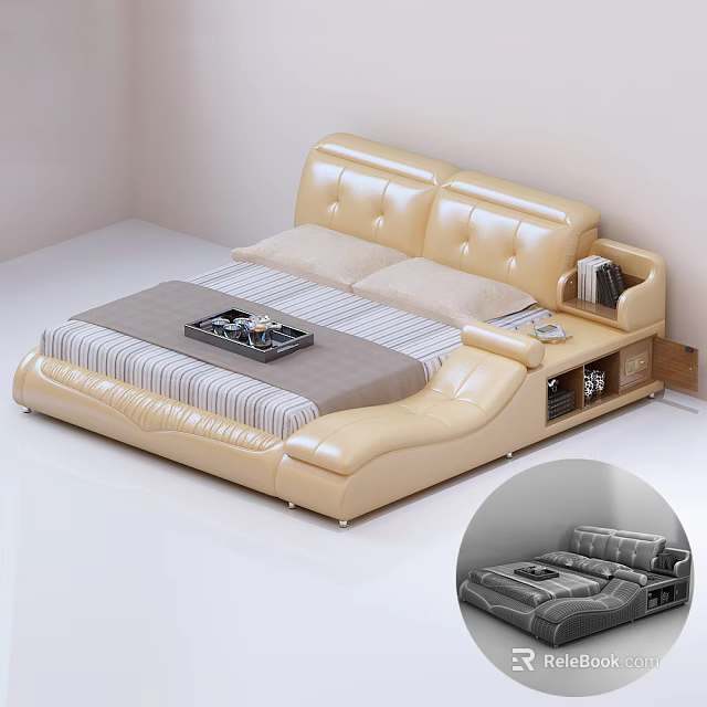 Modern Leather Double Bed With Upholstered Headboard Striped Sheet And Storage Compartments 3d model 