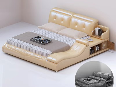 Modern Leather Double Bed With Upholstered Headboard Striped Sheet And Storage Compartments 3d model