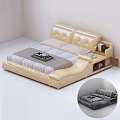 Modern Leather Double Bed With Upholstered Headboard Striped Sheet And Storage Compartments