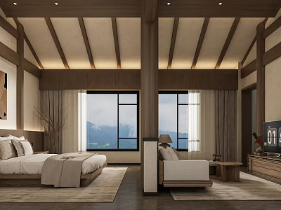Cozy Hotel Guest Room With Wooden Beams Large Windows And Mountain View 3d model