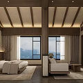 Cozy Hotel Guest Room With Wooden Beams Large Windows And Mountain View