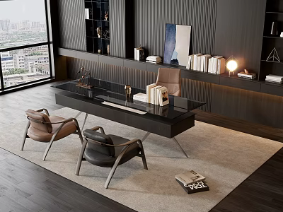 Modern Black Glass Top Desk With Two Chairs Dark Bookshelves And City View 3d model