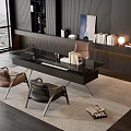 Modern Black Glass Top Desk With Two Chairs Dark Bookshelves And City View