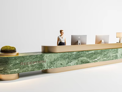 Hotel Front Desk With Green Marble Countertop Gold Accents Two Computer Monitors And Staff Member 3d model