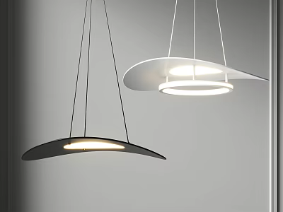Two Modern Pendant Lights With Curved Black And White Design Illuminated Over Minimalist Grey Wall 3d model