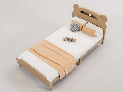 Double Bed With Bear Ear Headboard Light Wood Frame White Mattress And Orange Blanket 3d model