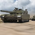 Modern Military Tank With Long Gun Barrel And Heavy Tracks On Sandy Terrain