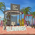 Vibrant Summer Better Life Festival Scene With Palm Trees Sun Loungers And Fire Pit