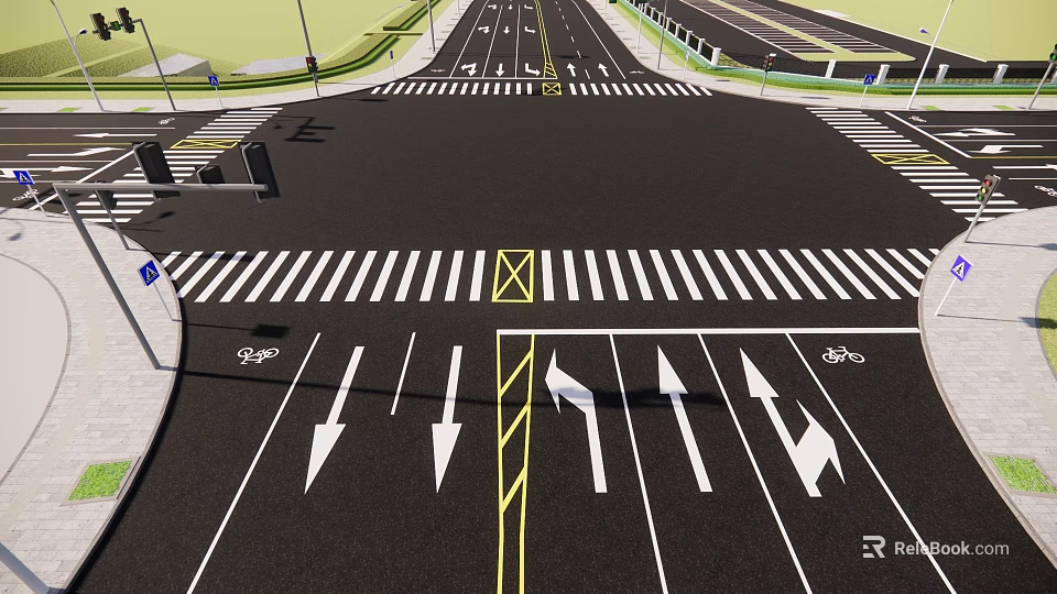 Road Facilities at Urban Intersection with Zebra Crossings Lane Arrows Bicycle Lanes and Traffic Markings 3d model 