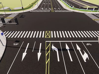 Road Facilities at Urban Intersection with Zebra Crossings Lane Arrows Bicycle Lanes and Traffic Markings 3d model