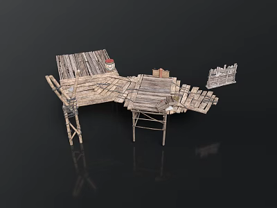 Rustic Wooden Platform Structure With Plank Roof Supports And Small Items 3d model