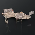 Rustic Wooden Platform Structure With Plank Roof Supports And Small Items