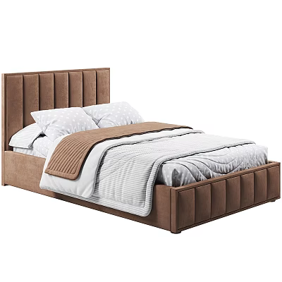 Single Bed with Tufted Brown Headboard White Polka Dot Pillows Brown Throw Blanket and Comforter 3d model