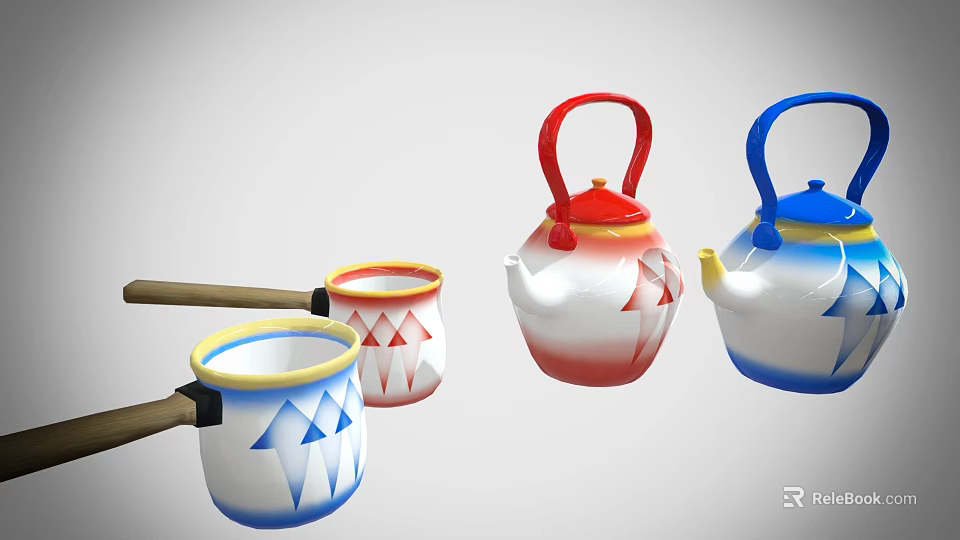 Colorful Tableware Set With Red Blue White Teapots Cups And Geometric Arrow Patterns 3d model