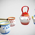 Colorful Tableware Set With Red Blue White Teapots Cups And Geometric Arrow Patterns 3d model