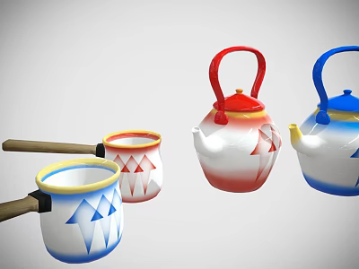Colorful Tableware Set With Red Blue White Teapots Cups And Geometric Arrow Patterns 3d model