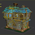 Colorful Cartoon House Scene With Blue Roof Balcony Plants And Wooden Door