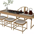 Wooden Tea Table and Chairs Set with Padded Stools Tea Set and Green Plant