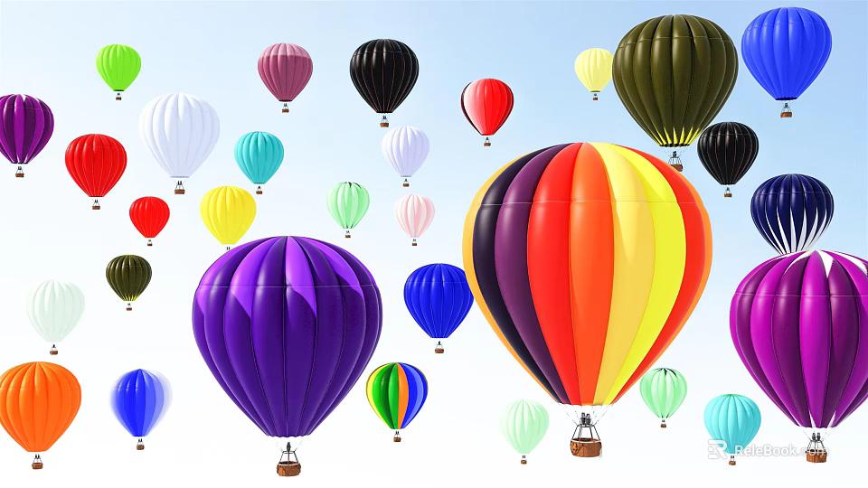 Colorful Vibrant Fun Outdoor Amusement Rides With Hot Air Balloons Flying in Clear Sky 3d model 