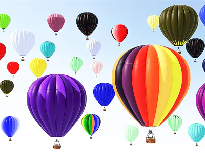 Colorful Vibrant Fun Outdoor Amusement Rides With Hot Air Balloons Flying in Clear Sky 3d model