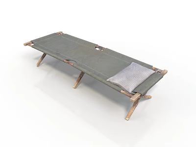 Industrial Equipment Portable Cot With Canvas Surface Wooden Legs And Gray Pillow 3d model